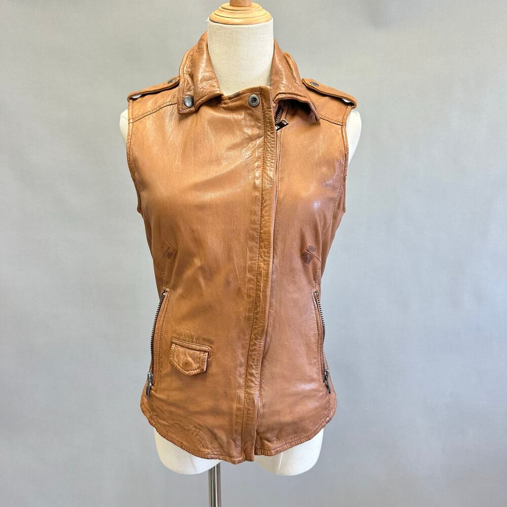 Muubaa Lynn Tan Brown Sleeveless Leather Biker moto jacket‎ vest US Size 6 UK 10